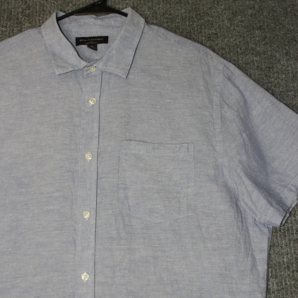 Banana Republic Linen Slim‎ Fit Shirt Mens XL Blue Short Sleeve Button Up Pocket